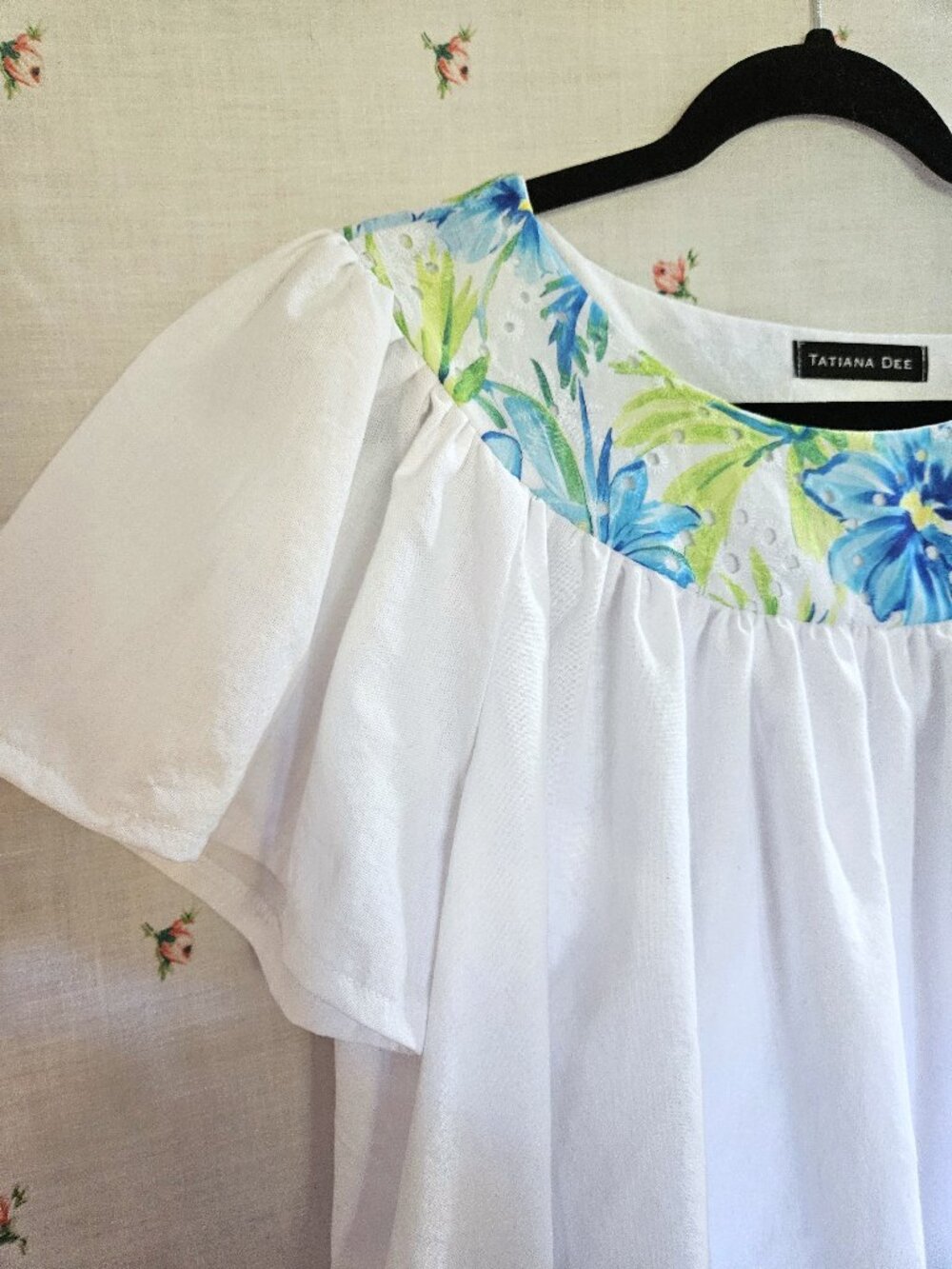 One Size White Cotton Nightgown Blue Eyelet Trim NEW